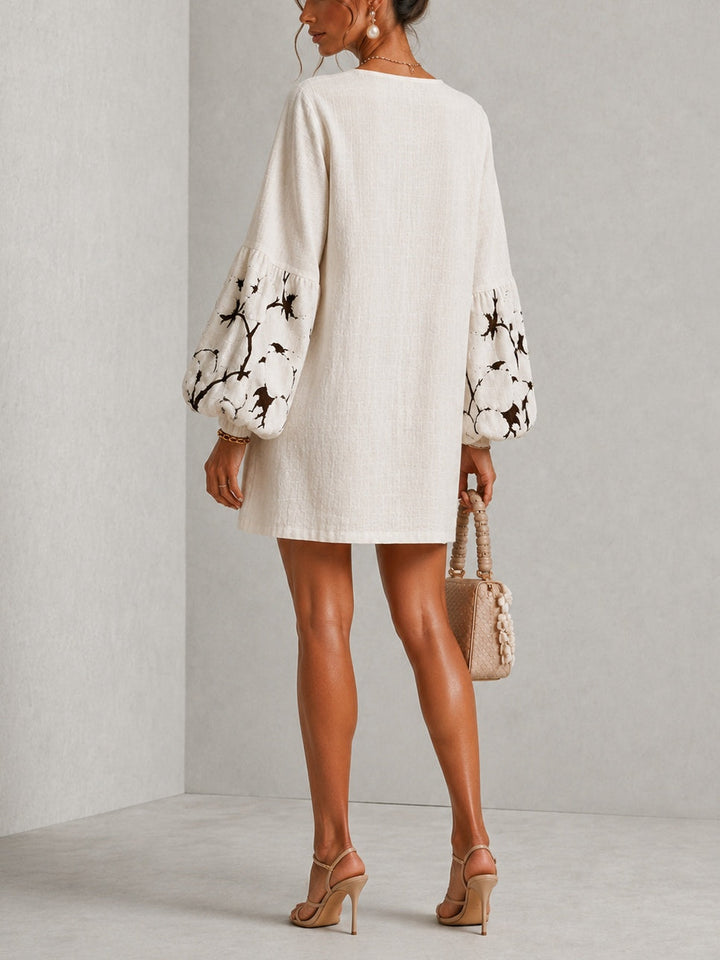 Marguerite | V-Neck Lantern-Sleeve Floral Print Dress White