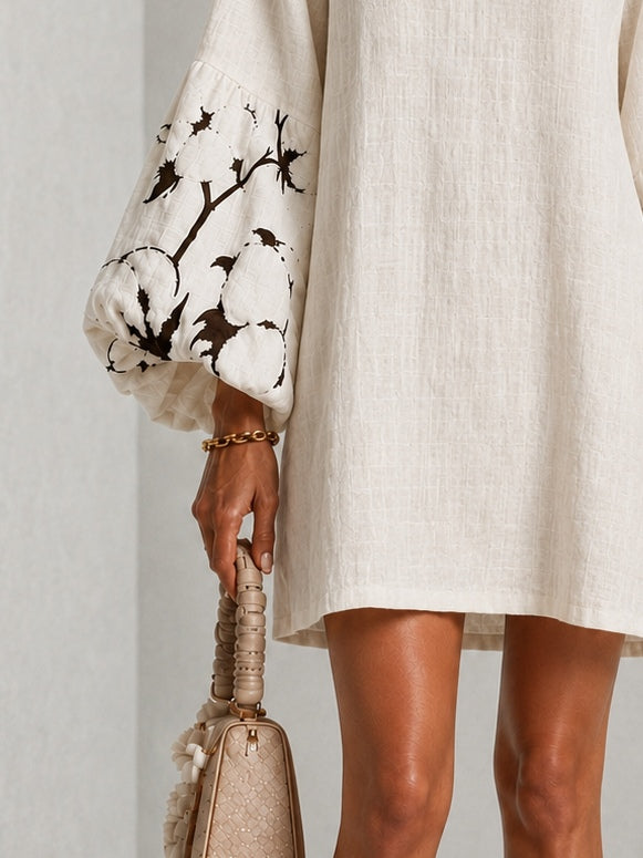 Marguerite | V-Neck Lantern-Sleeve Floral Print Dress White