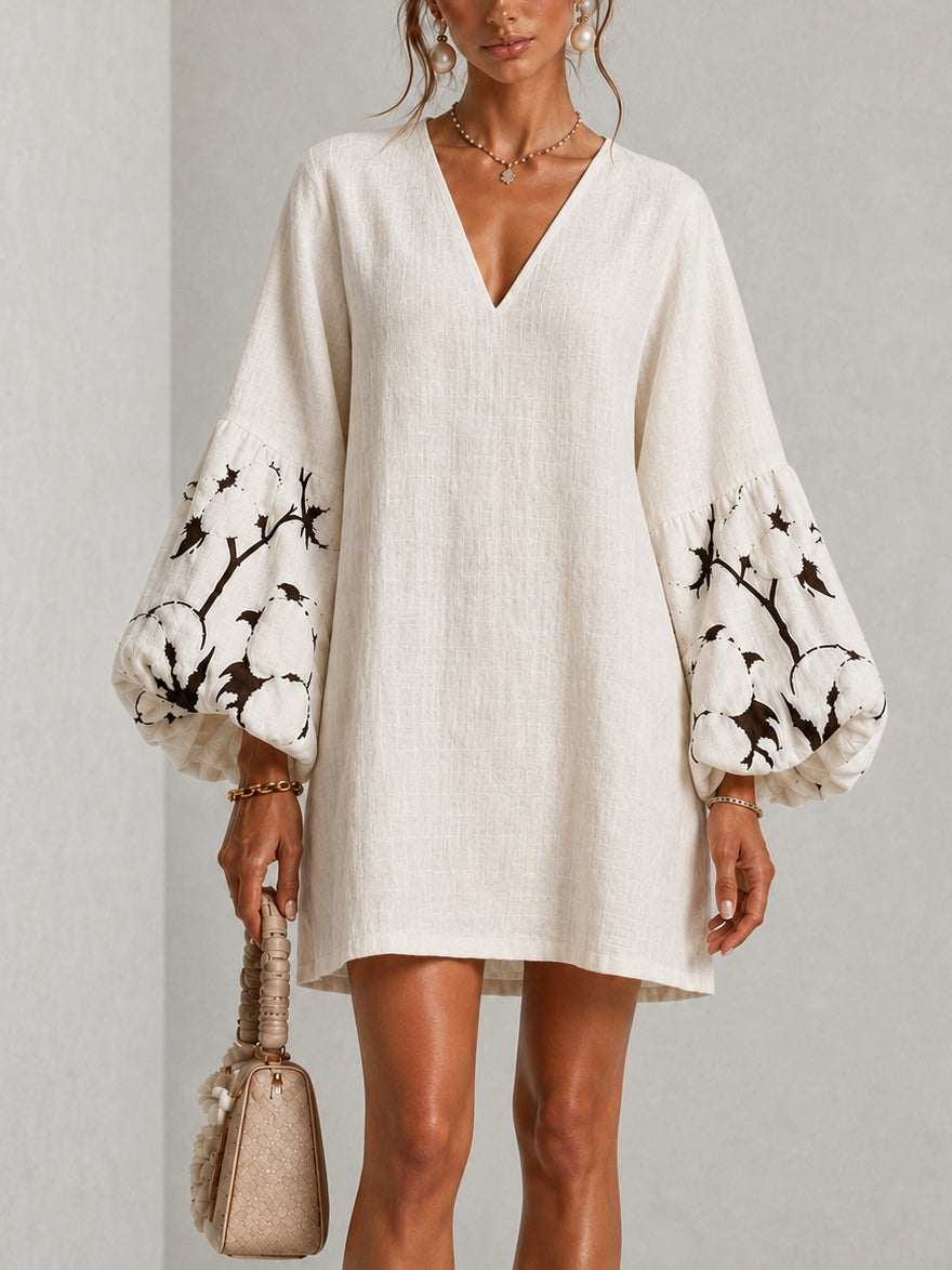 Marguerite | V-Neck Lantern-Sleeve Floral Print Dress White