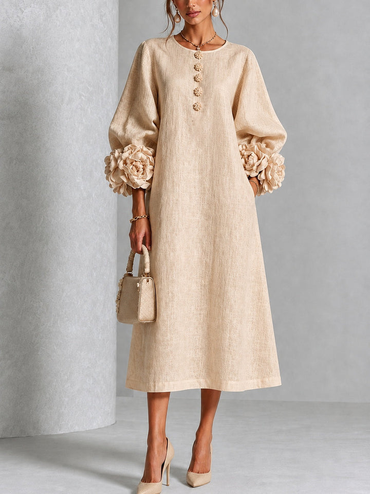 Theodosia | Rosette-Cuff Button Midi Dress Beige