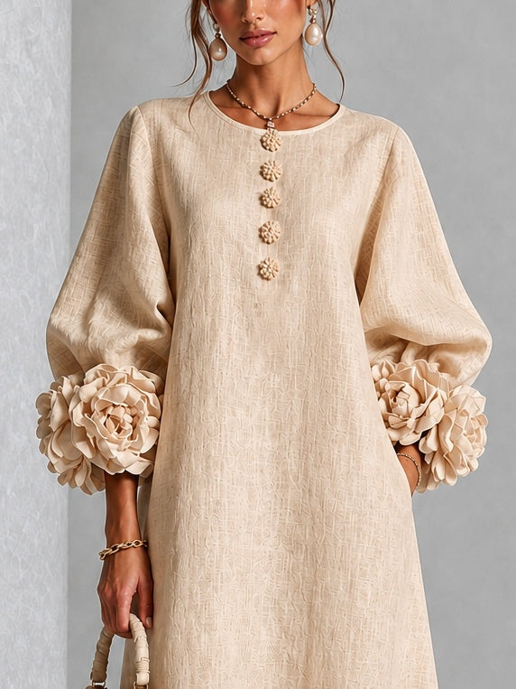 Theodosia | Rosette-Cuff Button Midi Dress Beige