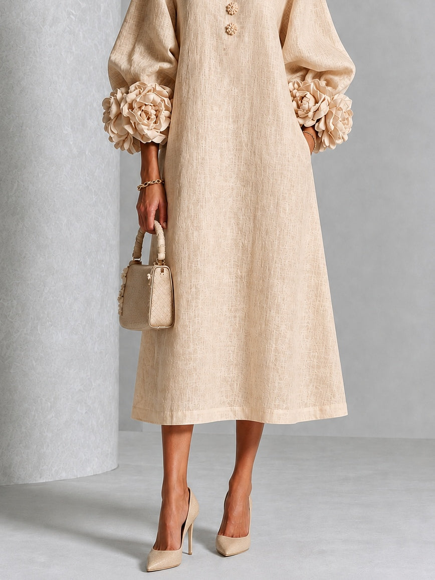 Theodosia | Rosette-Cuff Button Midi Dress Beige