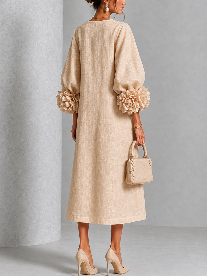 Theodosia | Rosette-Cuff Button Midi Dress Beige