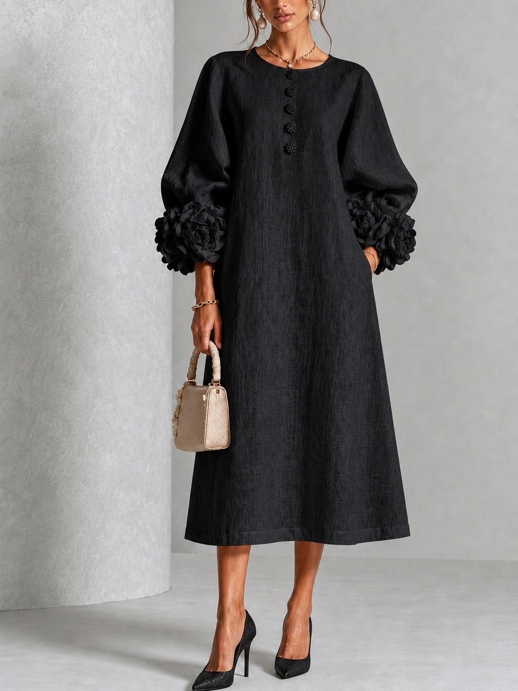 Theodosia | Rosette-Cuff Button Midi Dress Black