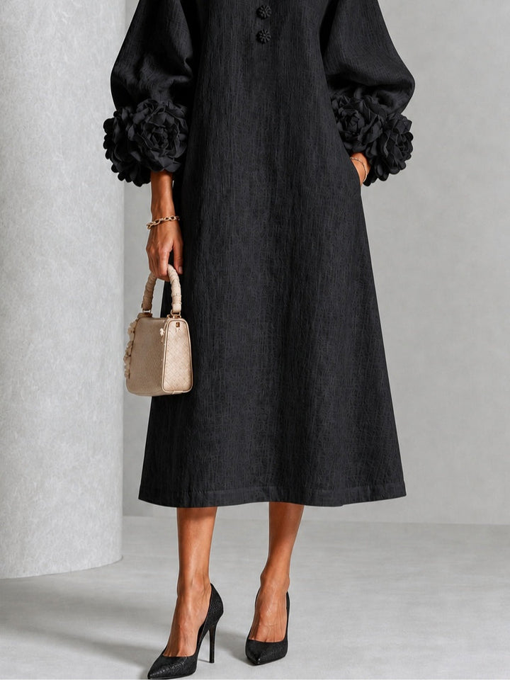 Theodosia | Rosette-Cuff Button Midi Dress Black