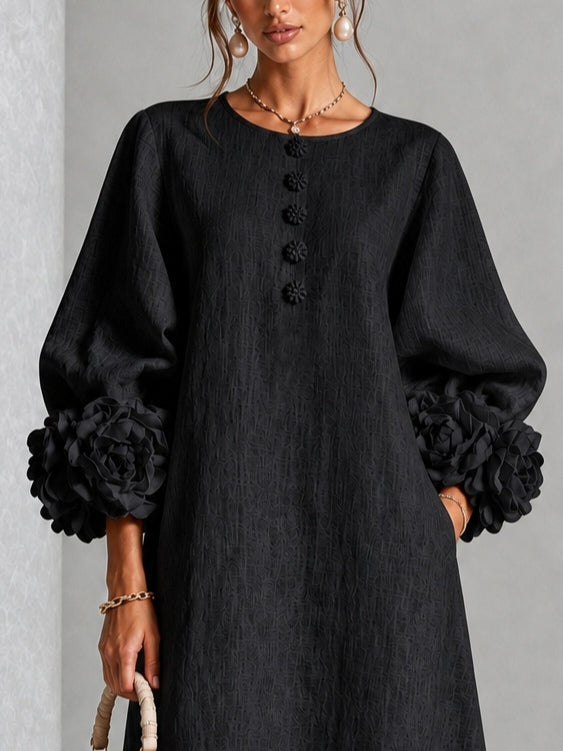 Theodosia | Rosette-Cuff Button Midi Dress Black