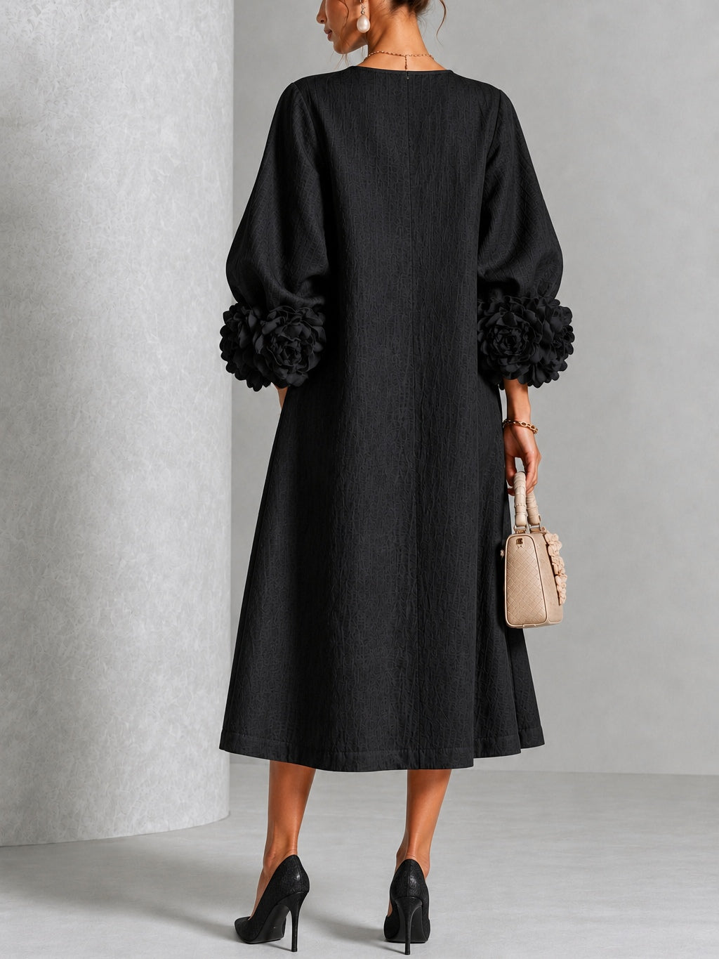 Theodosia | Rosette-Cuff Button Midi Dress Black