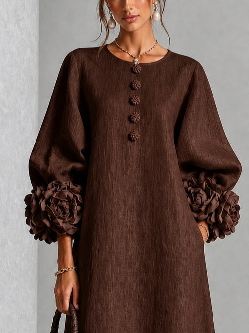 Theodosia | Rosette-Cuff Button Midi Dress Chocolate Brown