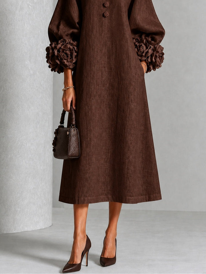Theodosia | Rosette-Cuff Button Midi Dress Chocolate Brown