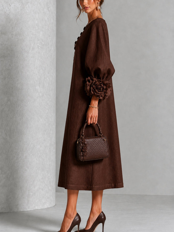 Theodosia | Rosette-Cuff Button Midi Dress Chocolate Brown