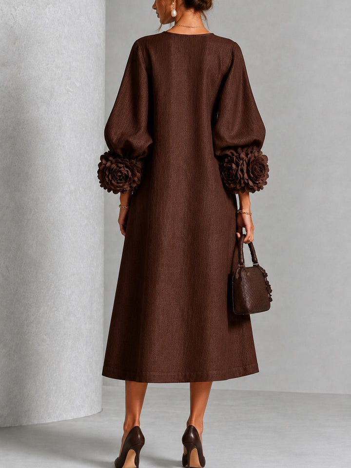 Theodosia | Rosette-Cuff Button Midi Dress Chocolate Brown