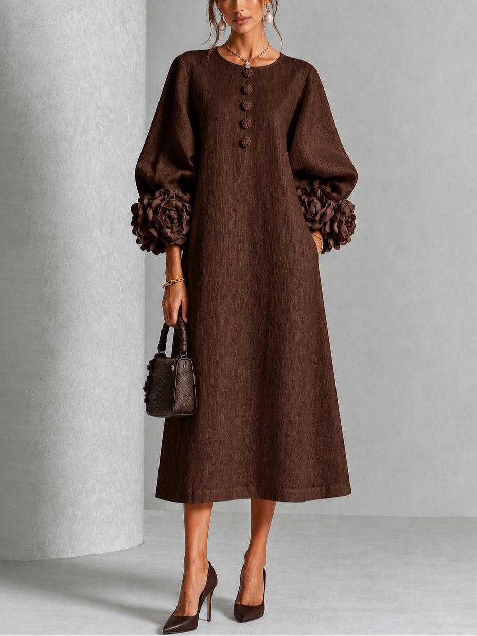 Theodosia | Rosette-Cuff Button Midi Dress Chocolate Brown