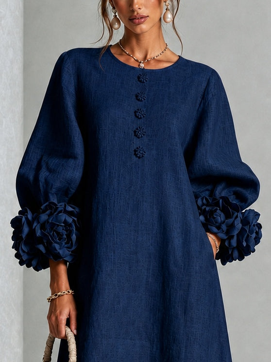 Theodosia | Rosette-Cuff Button Midi Dress Navy