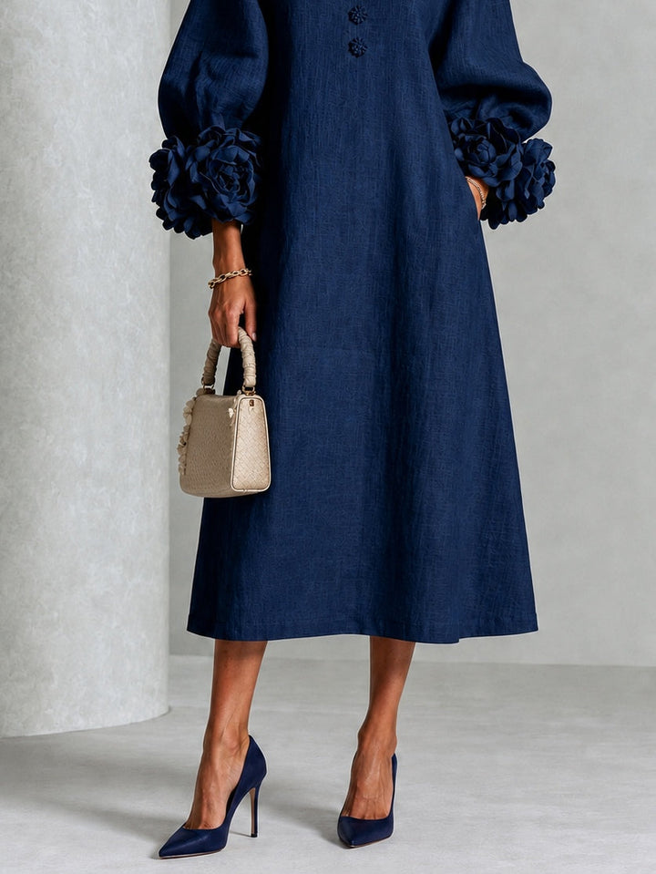 Theodosia | Rosette-Cuff Button Midi Dress Navy