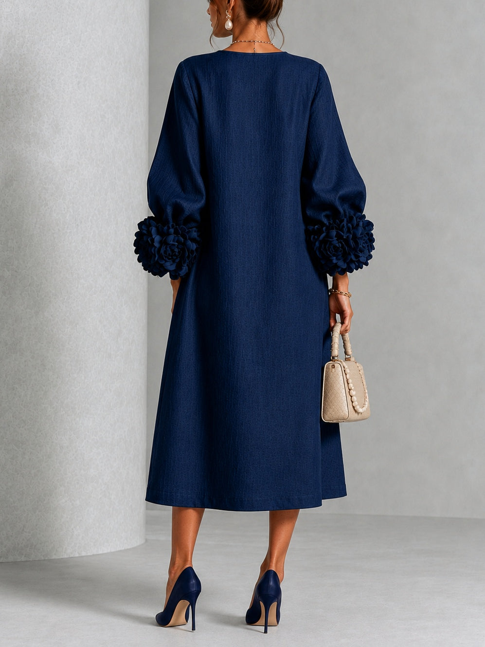 Theodosia | Rosette-Cuff Button Midi Dress Navy