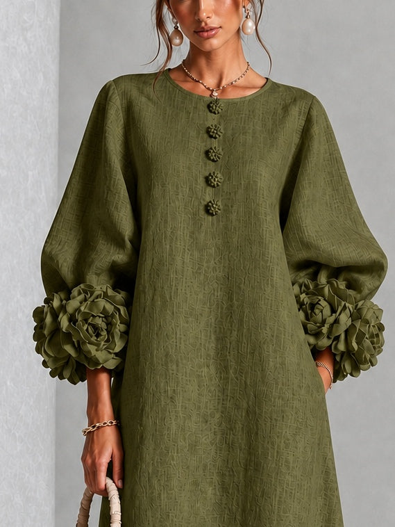 Theodosia | Rosette-Cuff Button Midi Dress Olive