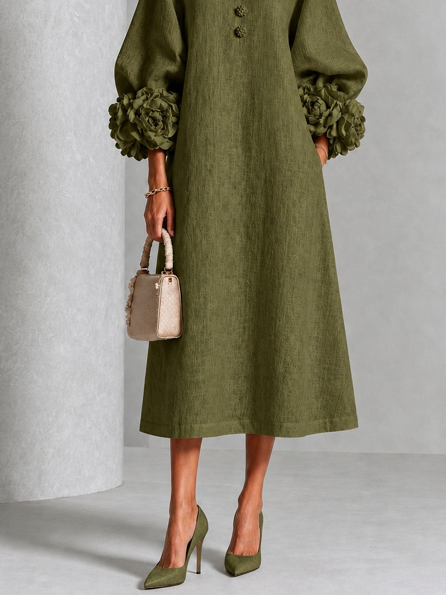 Theodosia | Rosette-Cuff Button Midi Dress Olive