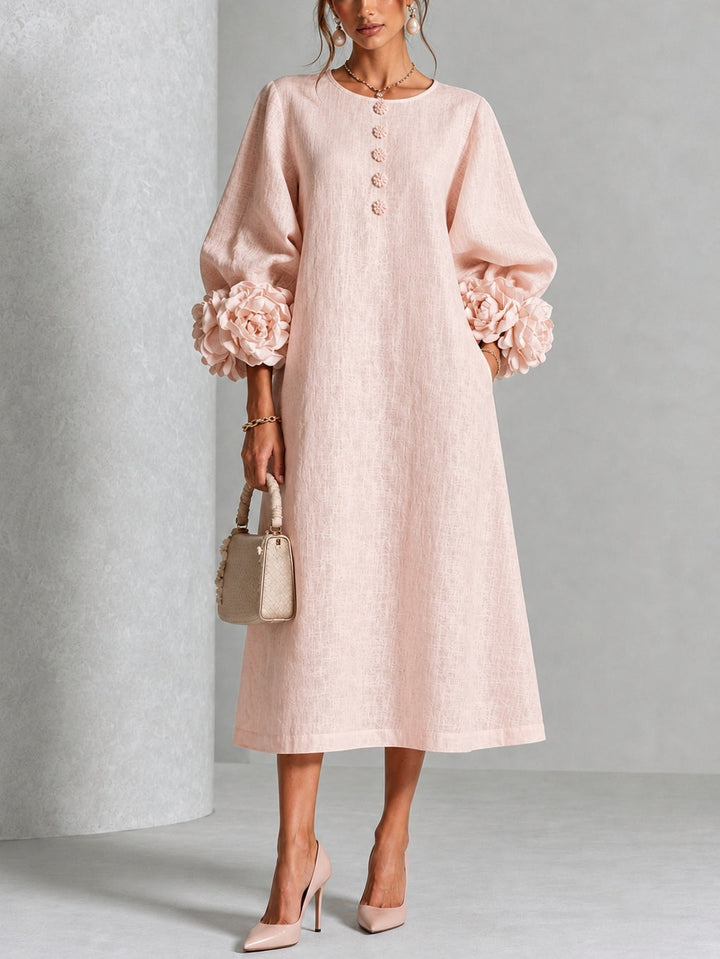 Theodosia | Rosette-Cuff Button Midi Dress Pink