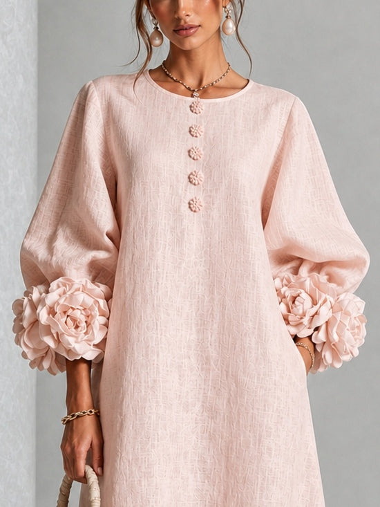 Theodosia | Rosette-Cuff Button Midi Dress Pink