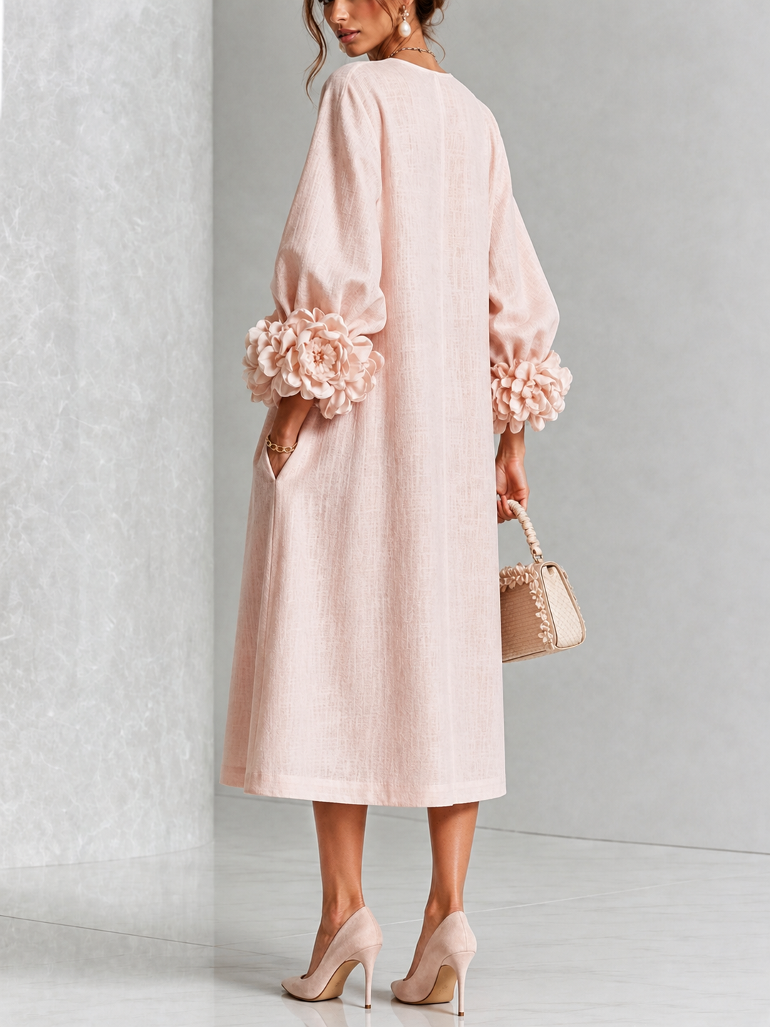 Theodosia | Rosette-Cuff Button Midi Dress Pink