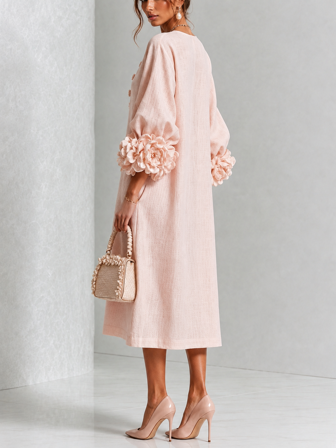Theodosia | Rosette-Cuff Button Midi Dress Pink