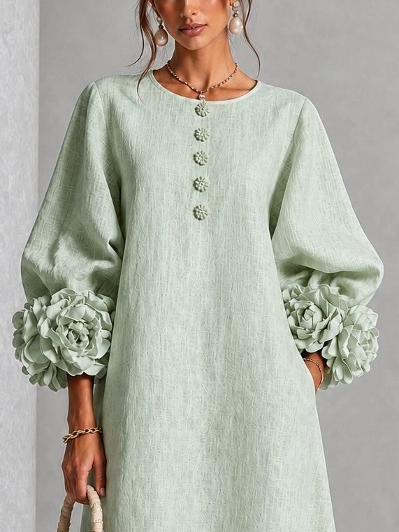 Theodosia | Rosette-Cuff Button Midi Dress Sage Mist