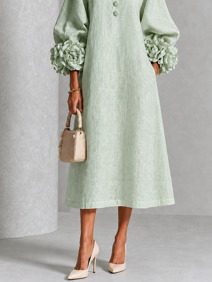 Theodosia | Rosette-Cuff Button Midi Dress Sage Mist