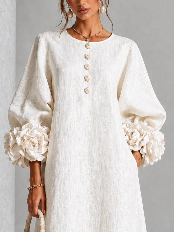 Theodosia | Rosette-Cuff Button Midi Dress White