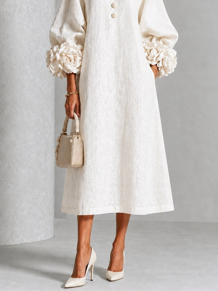 Theodosia | Rosette-Cuff Button Midi Dress White
