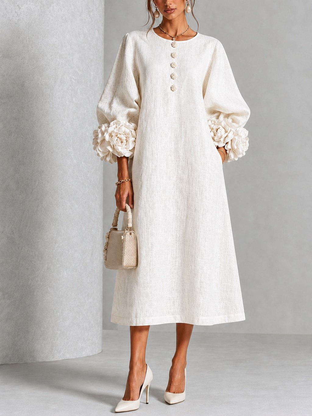 Theodosia | Rosette-Cuff Button Midi Dress White