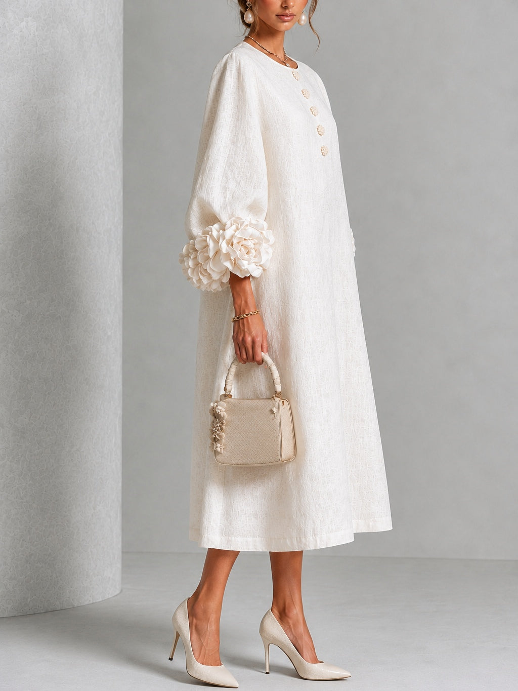 Theodosia | Rosette-Cuff Button Midi Dress White