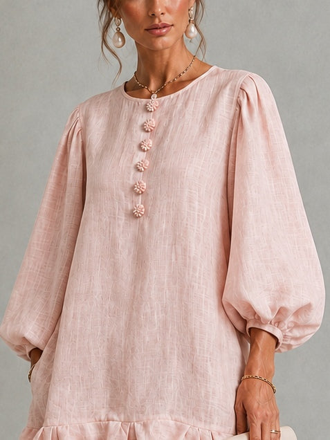 Anneliese | Button-Front Puff-Sleeve Dress with Ruffled Hem Pink