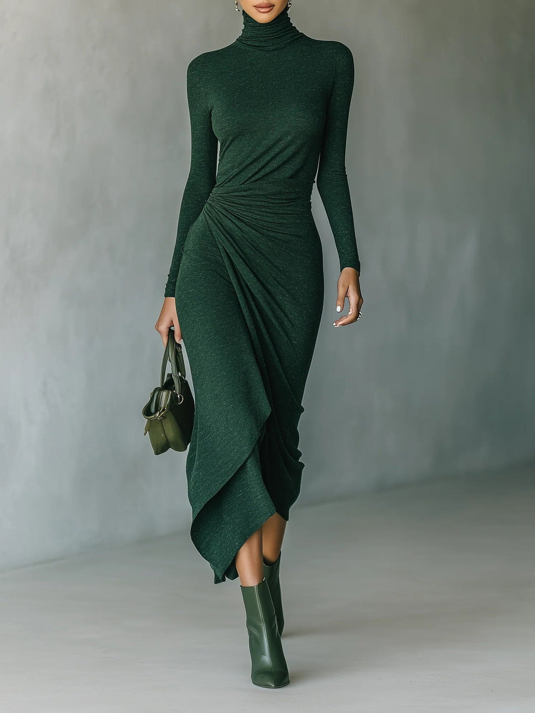 Helen ∙ Asymmetrical wrap midi dress with pleats and high collar in dark green
