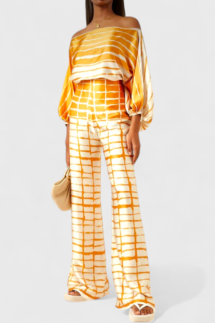 Artistic Print Off-the-Shoulder Top and Wide-Leg Pants Set by Sybella