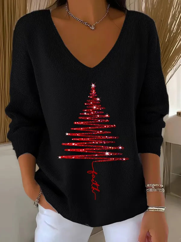 Louella | Christmas Tree Print V-Neck Sweater