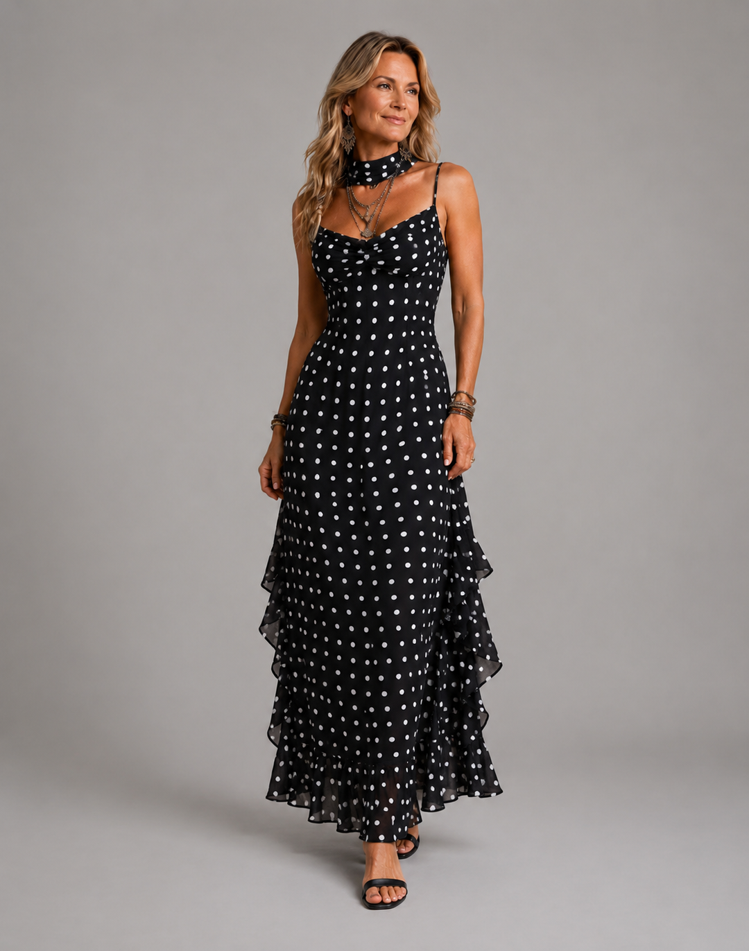 Elegant Polka Dot Long Dress with Shawl