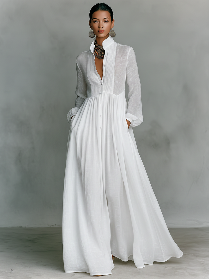Minimalist Maxi Dress with Patchwork, High Collar and Long Sleeves