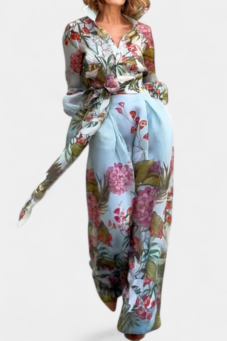 Sanne Botanical Print Ensemble: Belted Shirt and Palazzo Pants