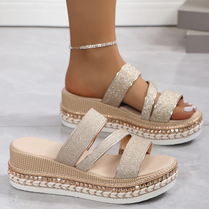 Stylish Women's Gold Platform Sandals with Buckle and Braided Edge