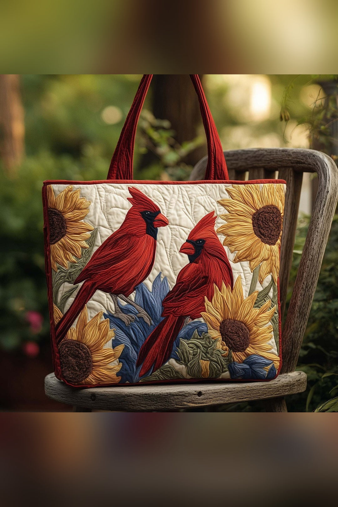 Arletta™ | Red Cardinals & Sunflowers Quilted Tote Bag