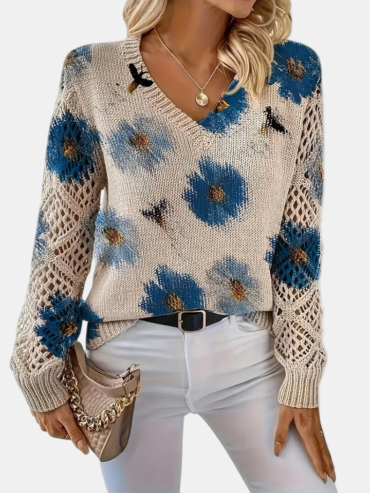 Bronte | Floral Crochet Sleeve V-Neck Sweater