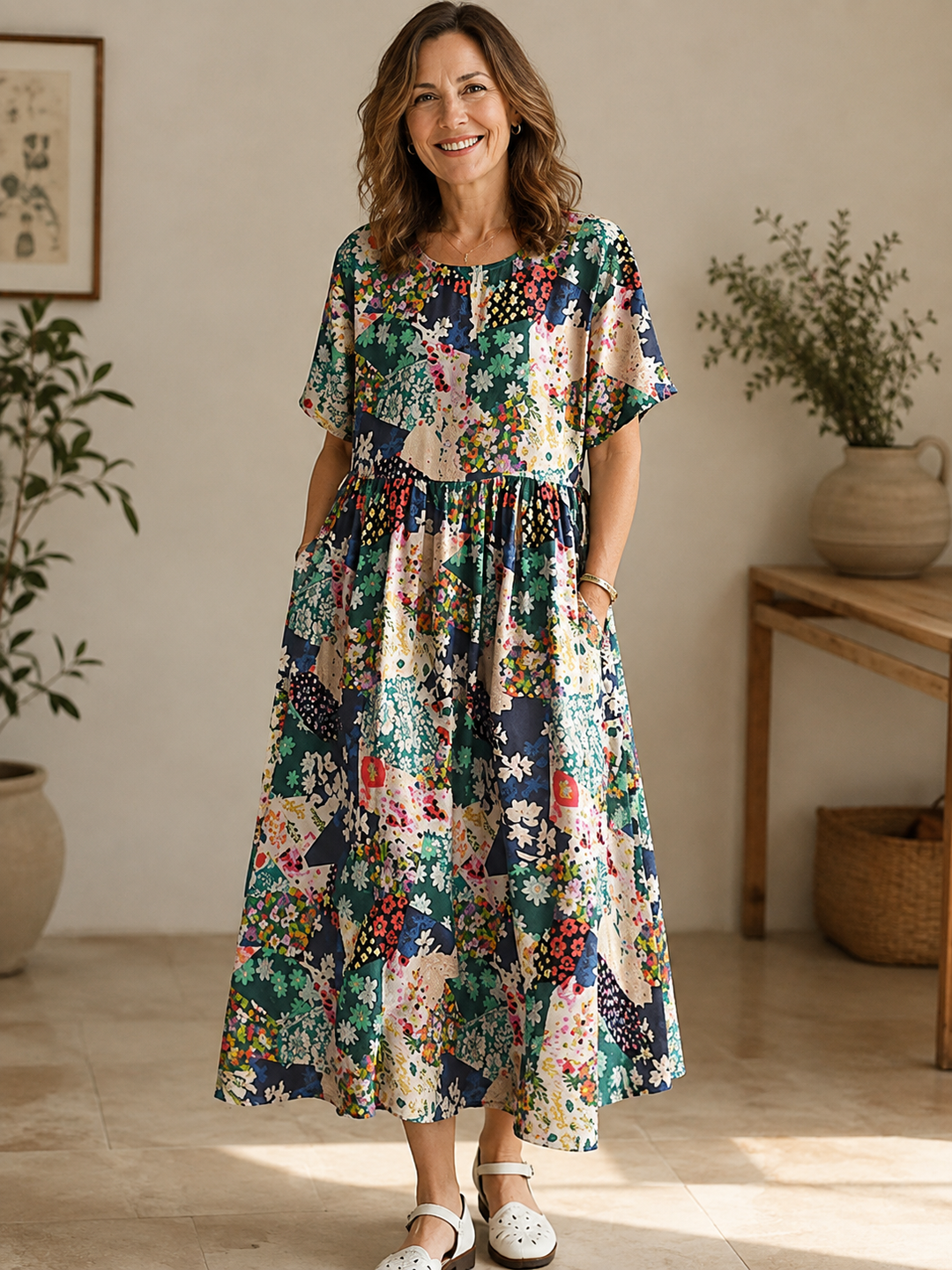 Odelia™ | Vintage Patchwork Floral Midi Dress