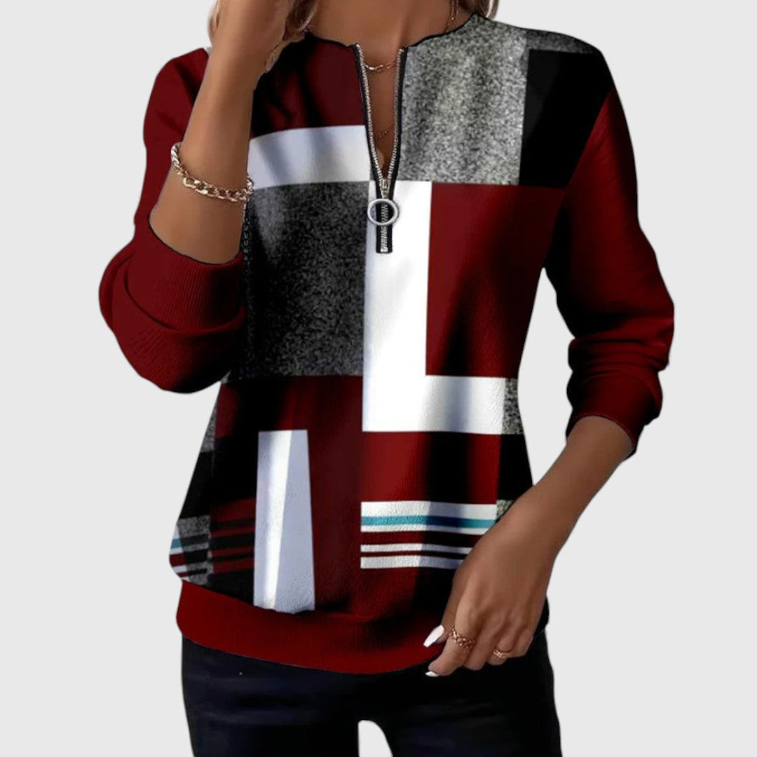 Lowenna | Geometric Print Zip-Neck Sweatshirt
