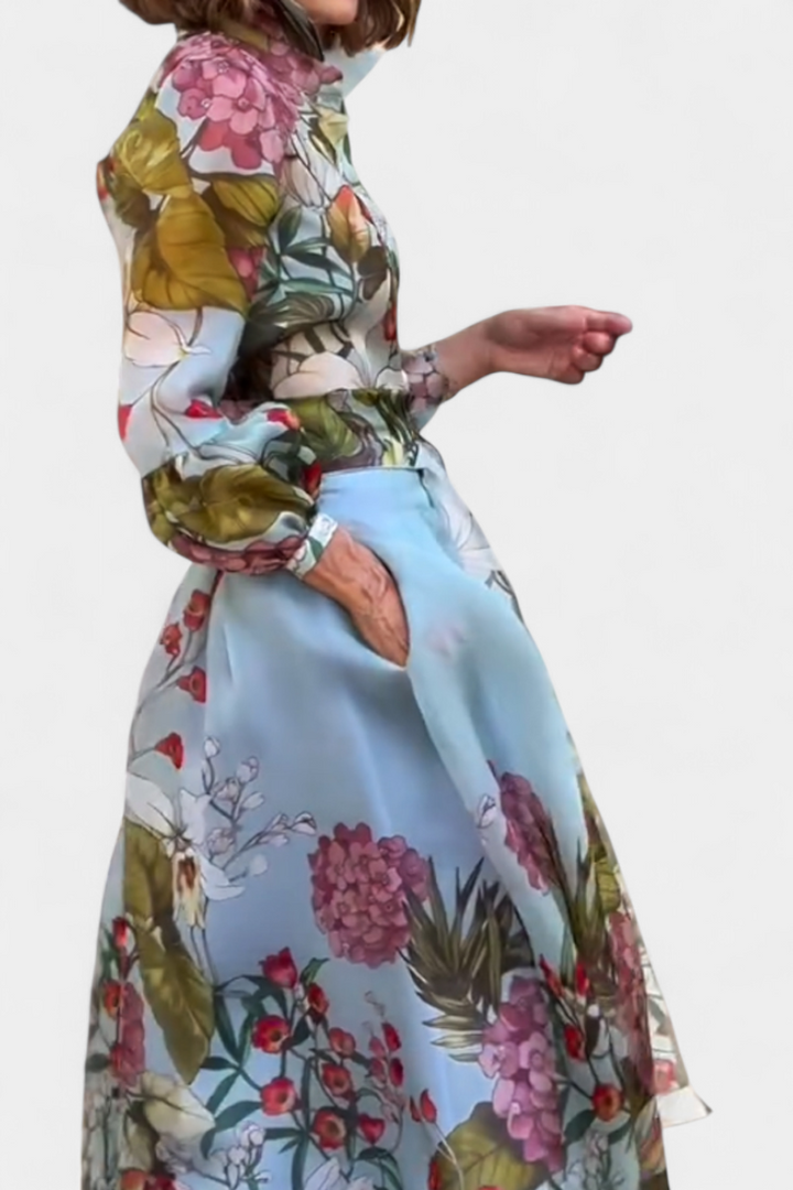 Sanne Botanical Print Ensemble: Belted Shirt and Palazzo Pants