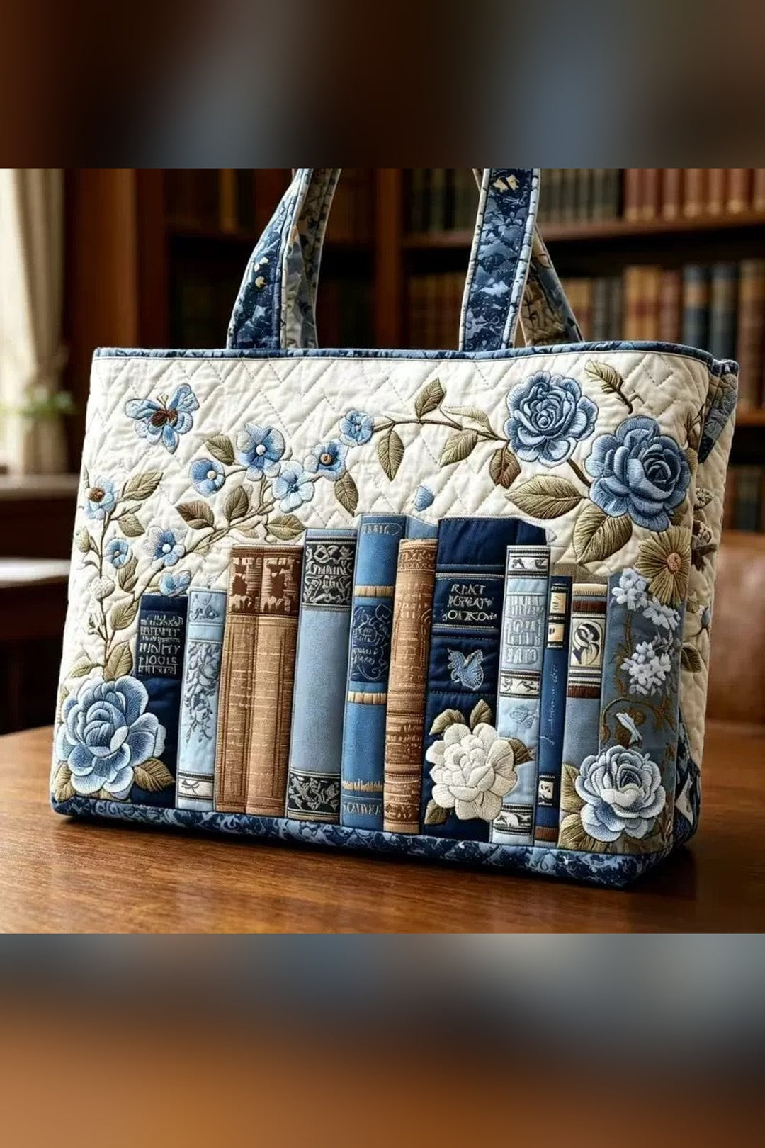 Concordia™ | Blue Book Spines & Roses Quilted Tote Bag