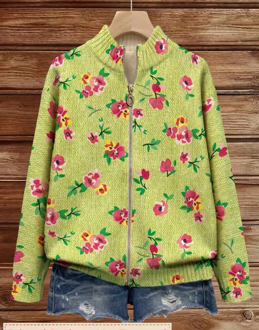 Antonia | Pink Floral Lime Zip Cardigan