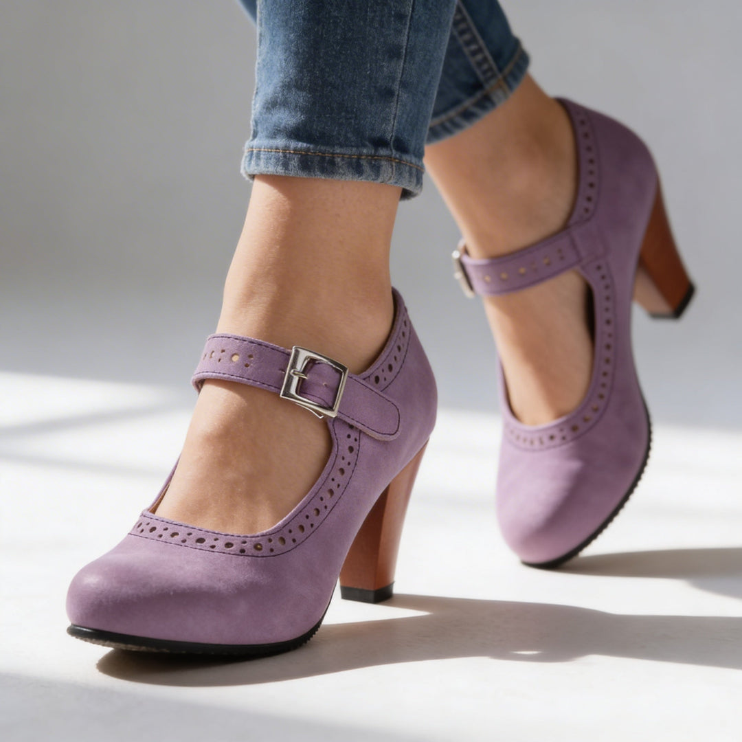 Hattie | Suede Mary Jane Brogue Block Heels