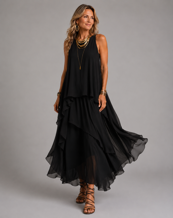 Sleeveless Asymmetrical Chiffon Long Dress