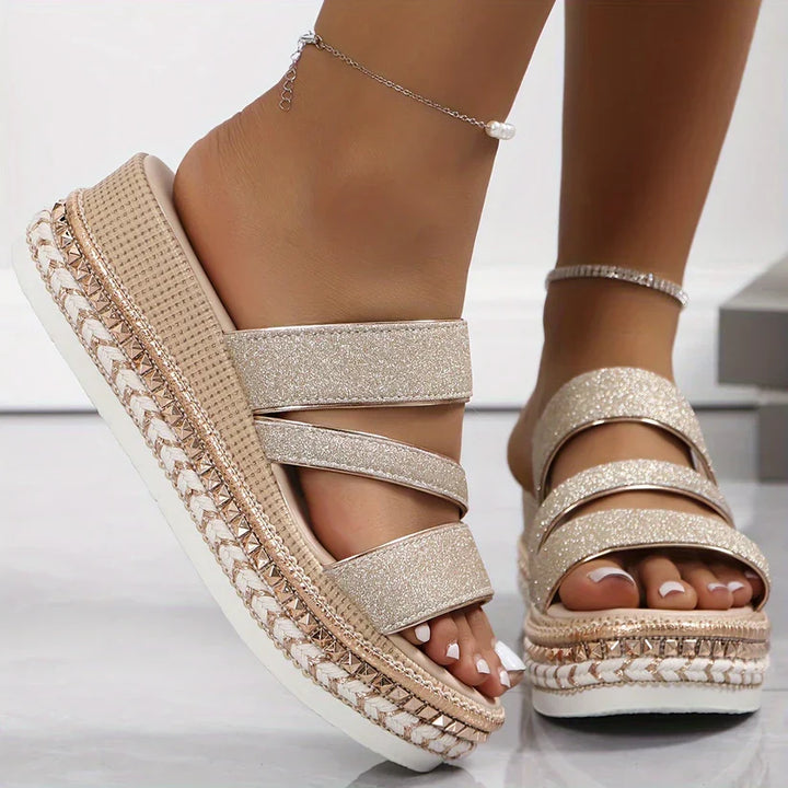 Stylish Women's Gold Platform Sandals with Buckle and Braided Edge