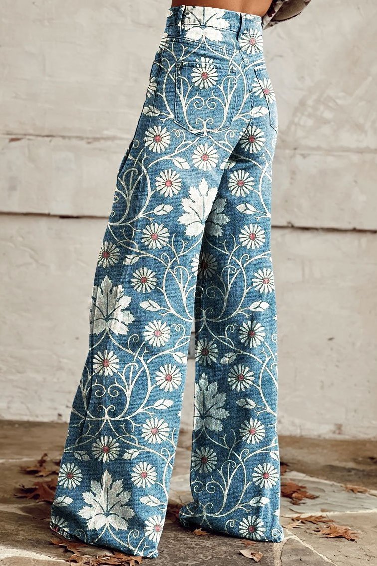 Elodie | Retro Daisy Floral Wide-Leg Trousers